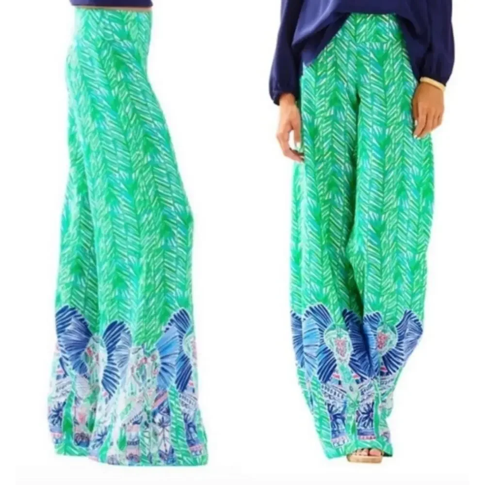 Lilly Pulitzer Womens Small Lolani Pants Elephant Tropical 100% Cotton Resort - Picture 1 of 10